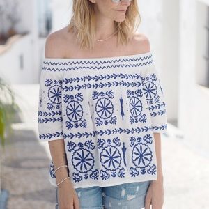 Monsoon Blue Embroidered Off Shoulder Top